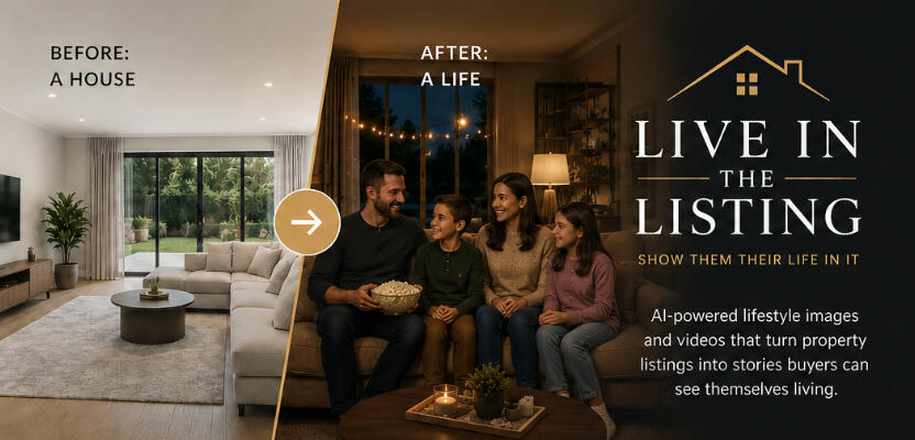 Live in the Listing banner The Left image shows a room with furniture in it. The Right image shows a family having a movie night.